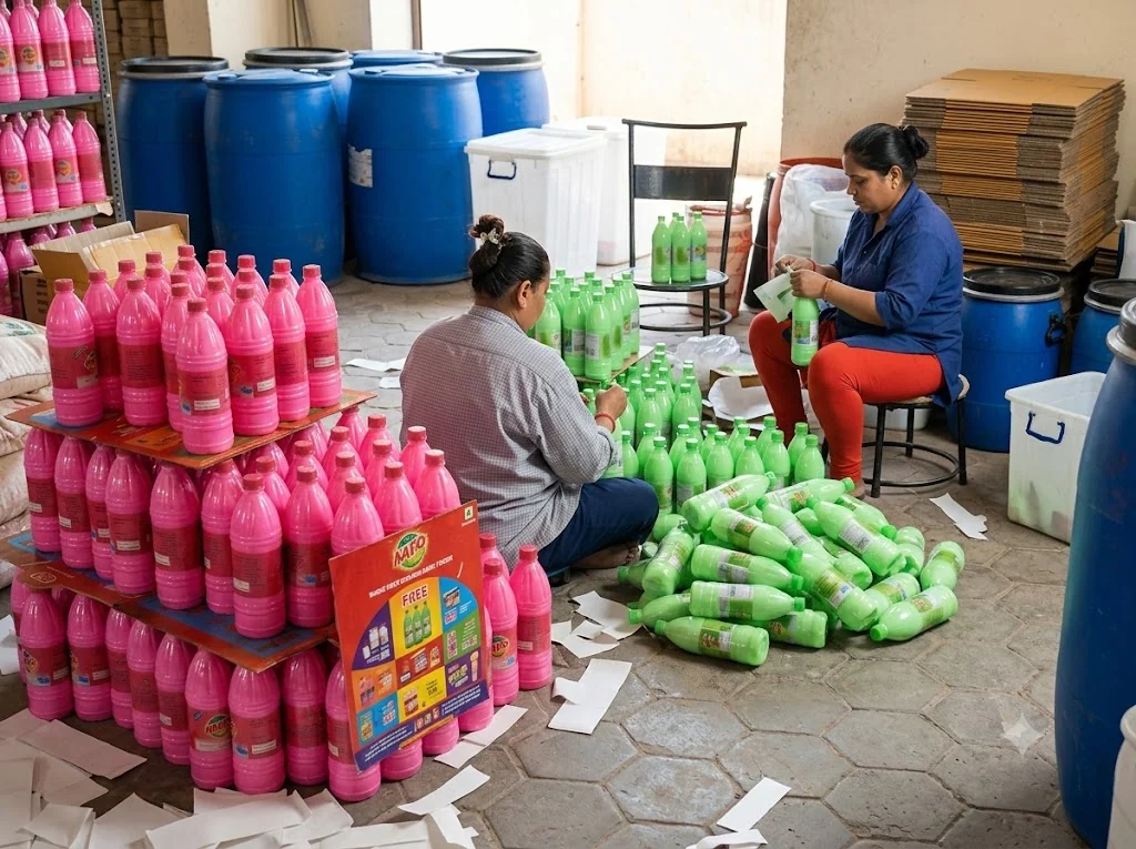 Women packaging cleaning products inside the Saloni factory