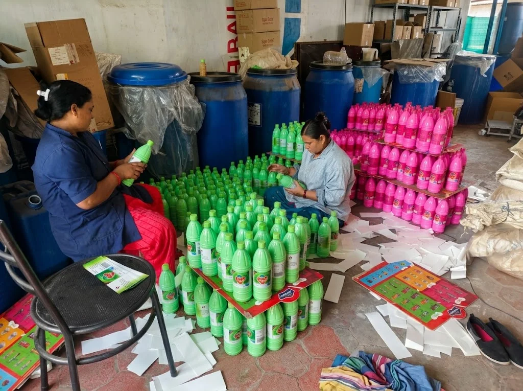 Women packaging Saloni cleaning product bottles inside the factory