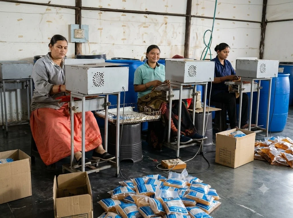 Women filling liquid cleaning product pouches at a machine