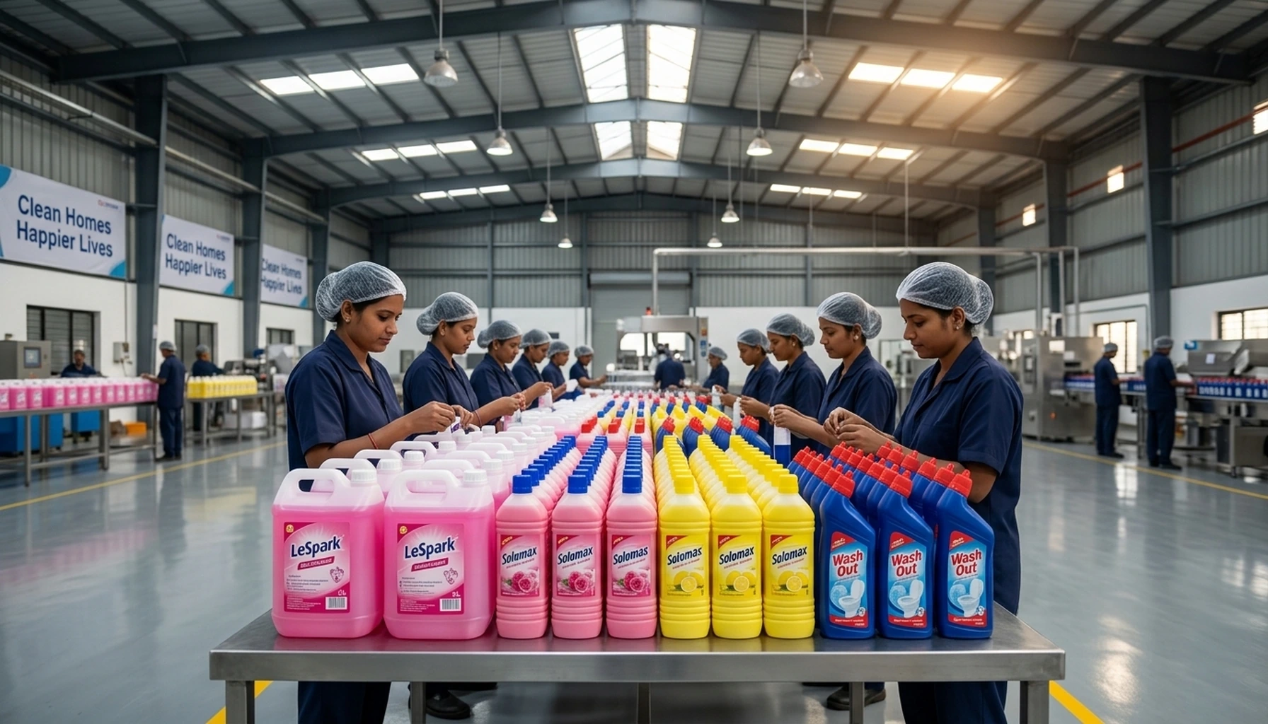 Women packaging Saloni cleaning products inside the factory