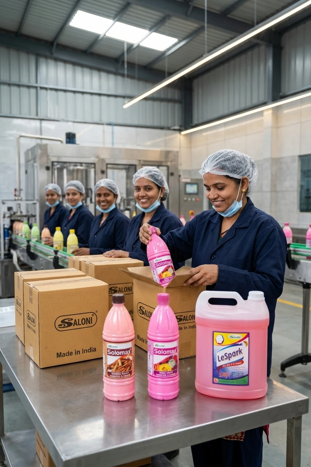 Women filling Saloni pink cleaning product bottles at the production table