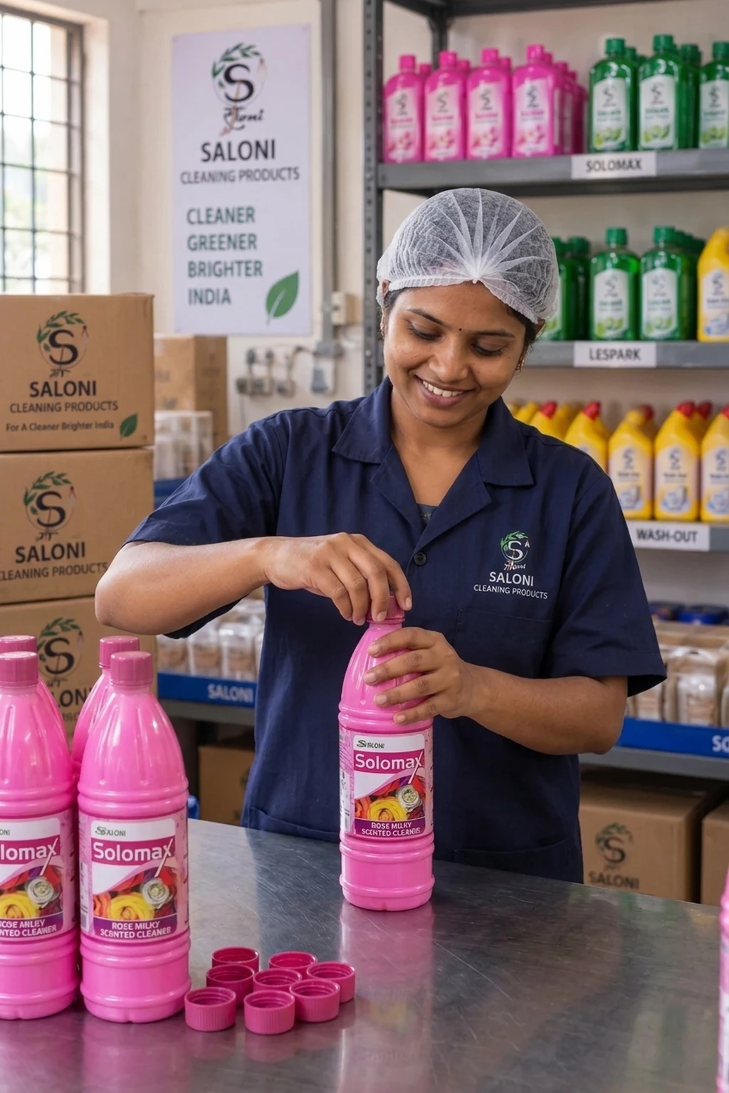 Portrait shot of a woman worker at her station capping Saloni bottles