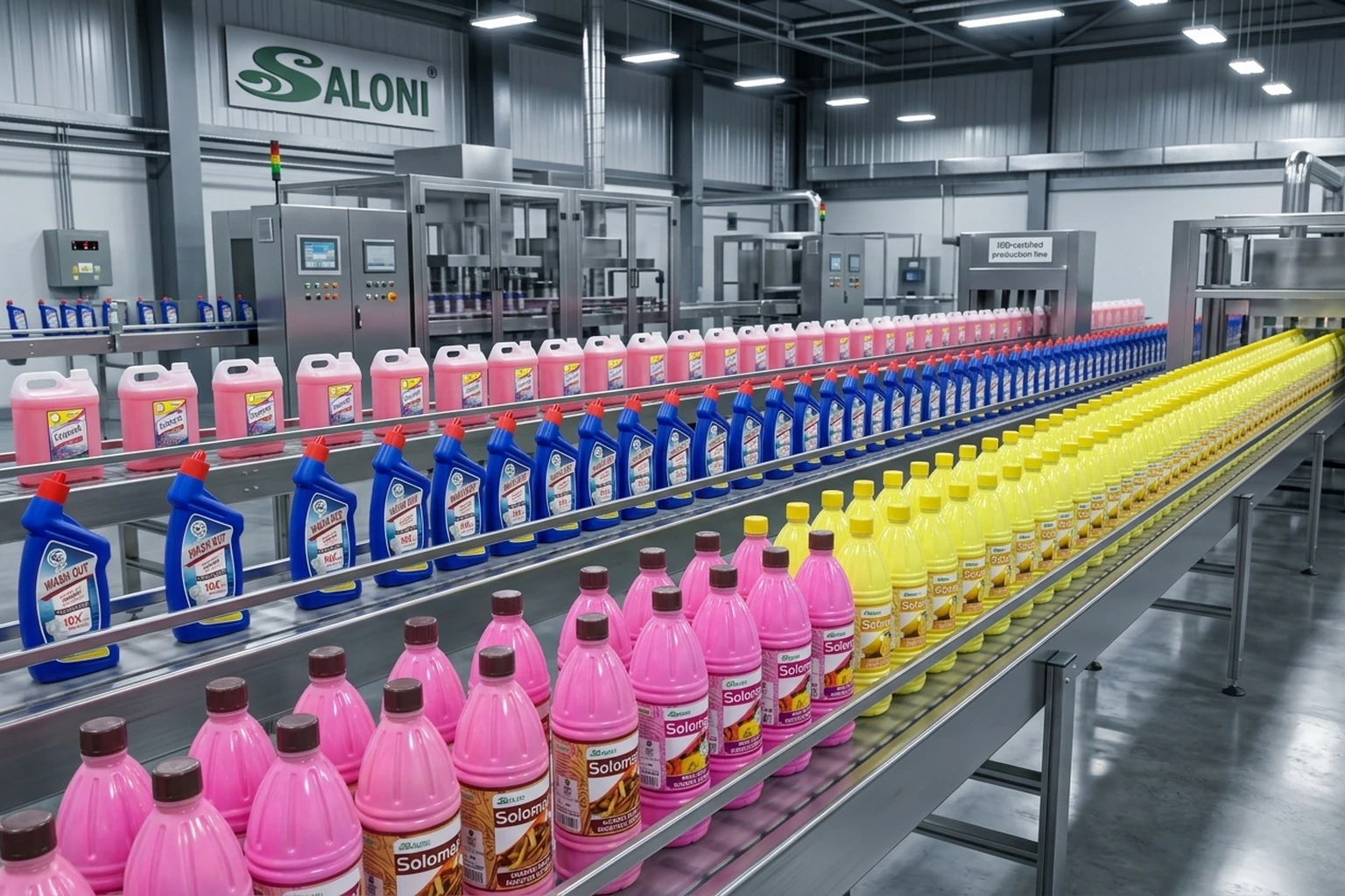 Close-up of rows of Saloni pink, green, and orange cleaning product bottles on the production line