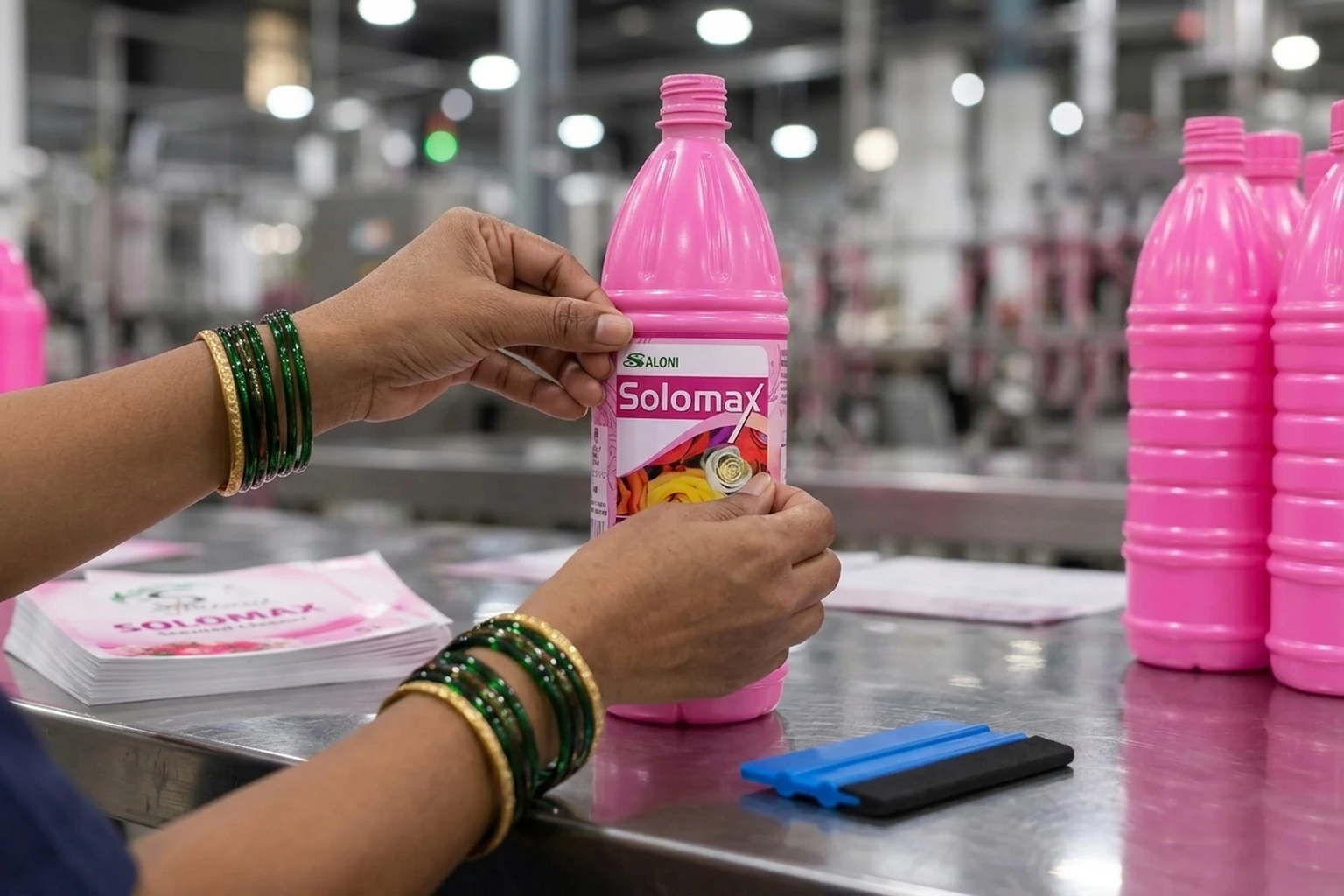 Close-up of Indian women's hands applying a printed label to a Saloni bottle