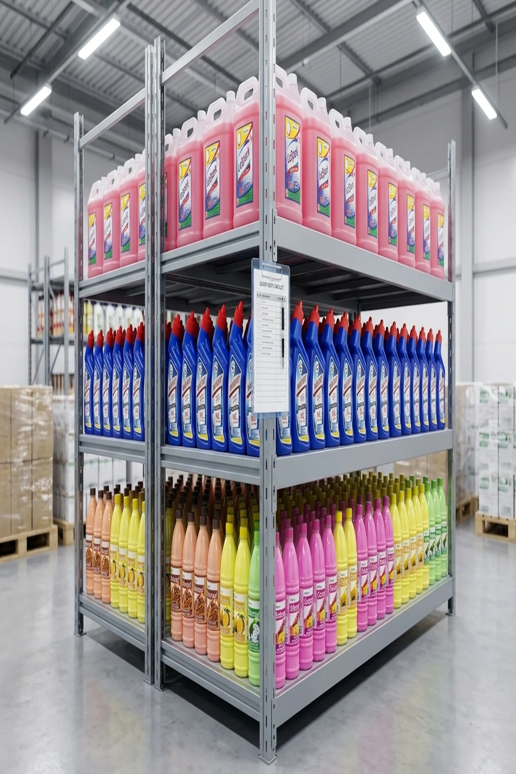 Tall shot of metal shelving stacked with finished Saloni products and sealed cartons
