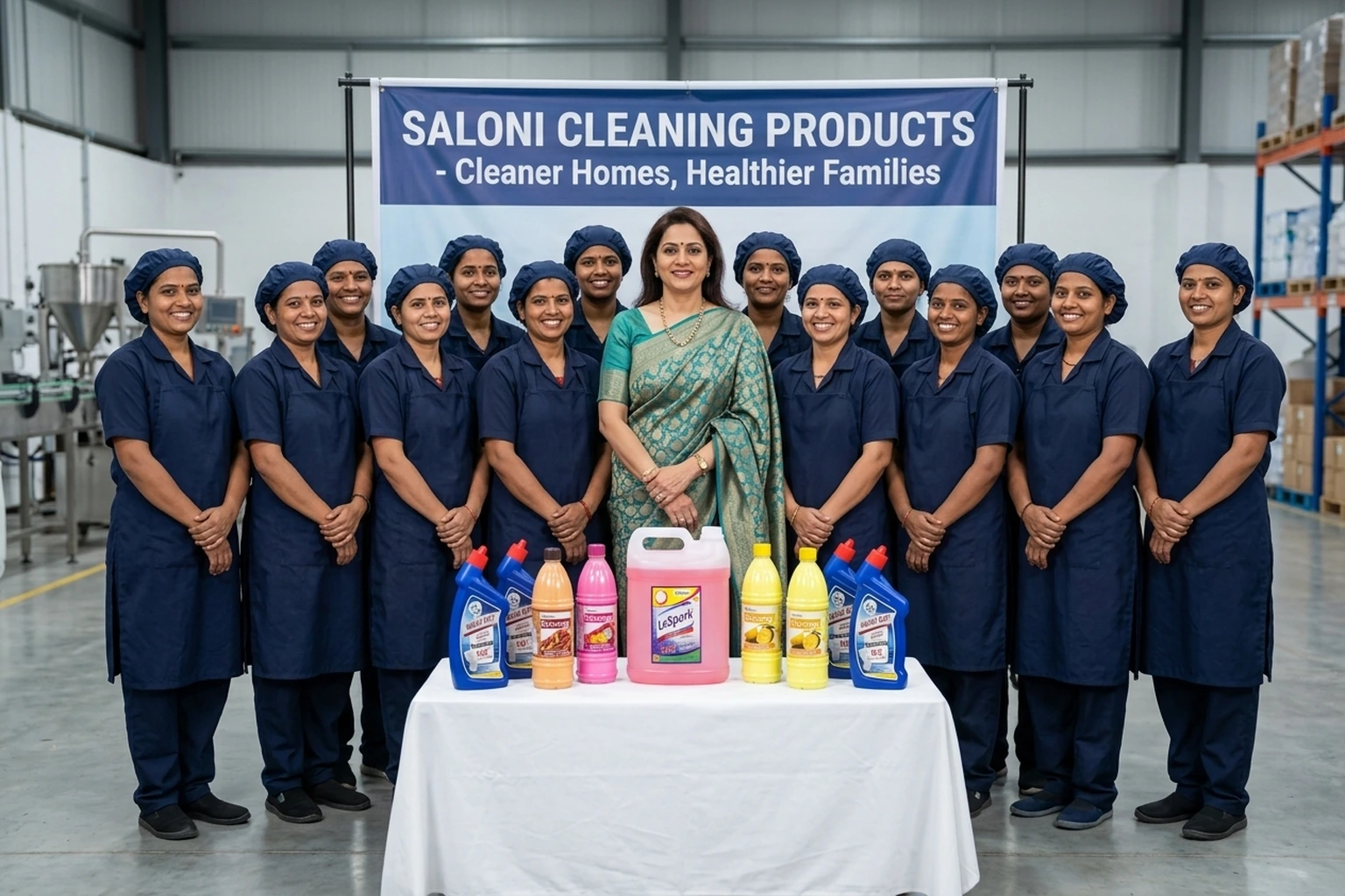 Group photo of Saloni Cleaning Products women workforce with the founder
