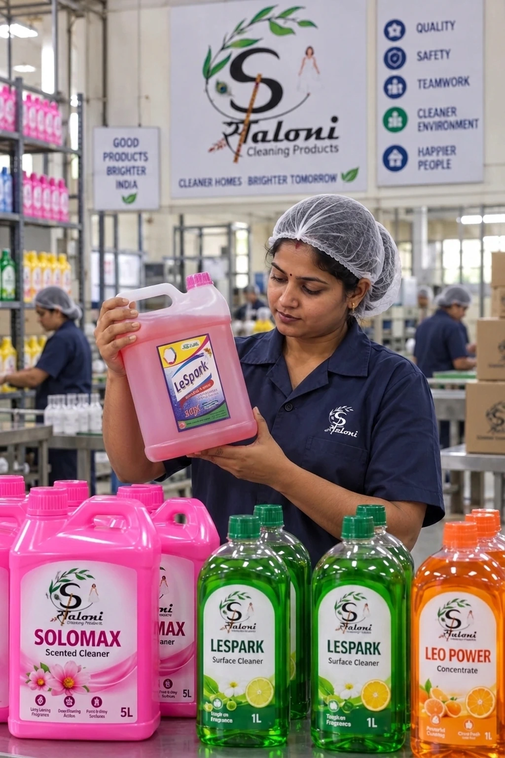 Portrait of a Saloni woman worker confidently inspecting a finished pink cleaning bottle