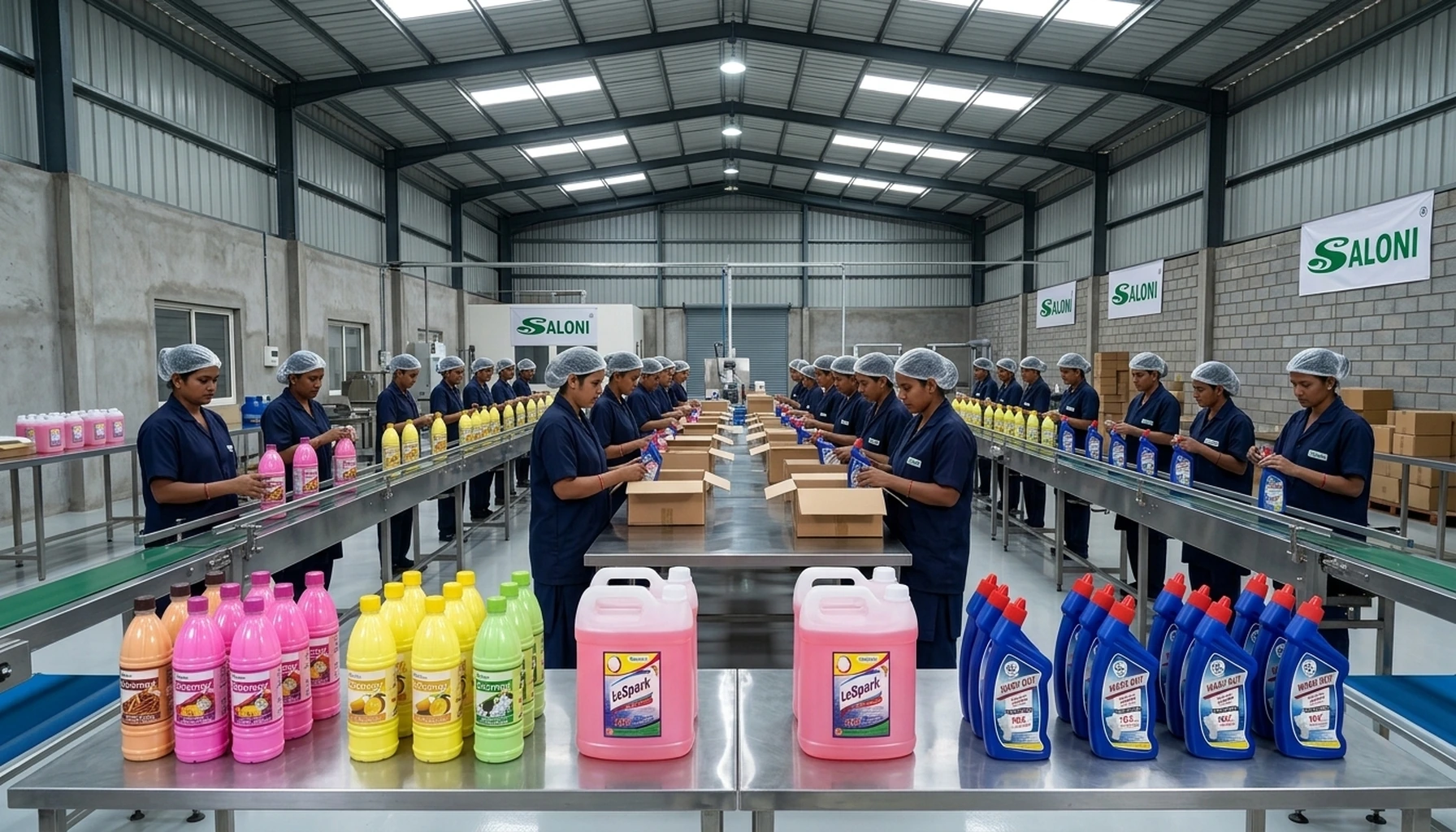 Wide shot of 5-6 Saloni women workers in navy uniforms doing different production tasks simultaneously