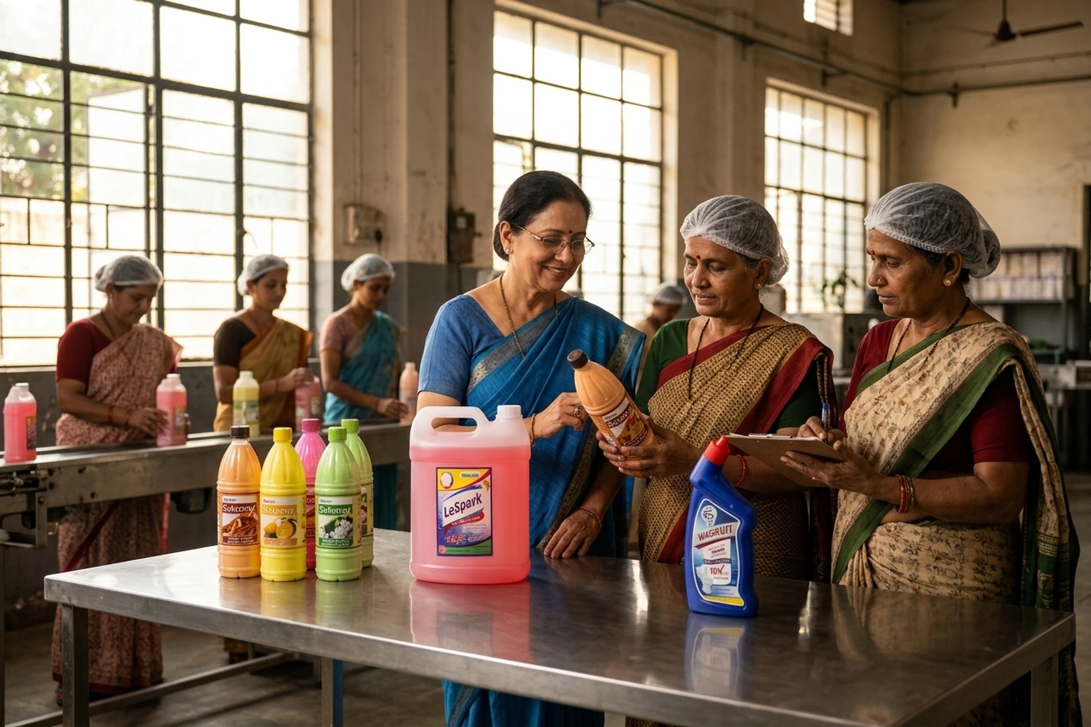 Saloni woman supervisor directing workers on the production floor with a clipboard