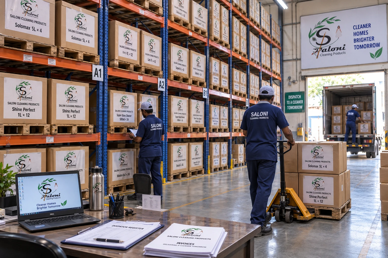 Warehouse dispatch area with sealed Saloni cartons stacked on pallet racking ready for distribution