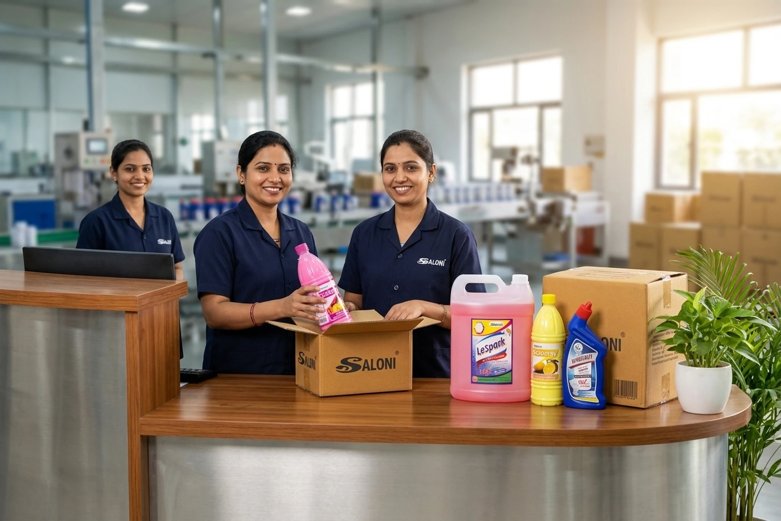 Warm factory corner with three Saloni women workers smiling at a well-organized product table