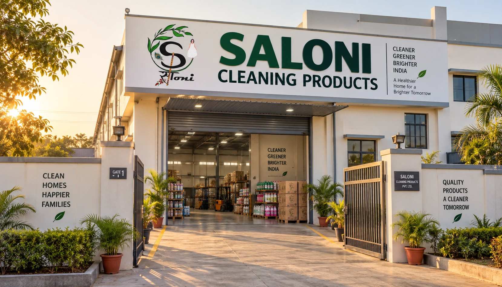 Morning view of the Saloni Cleaning Products factory entrance with golden hour light