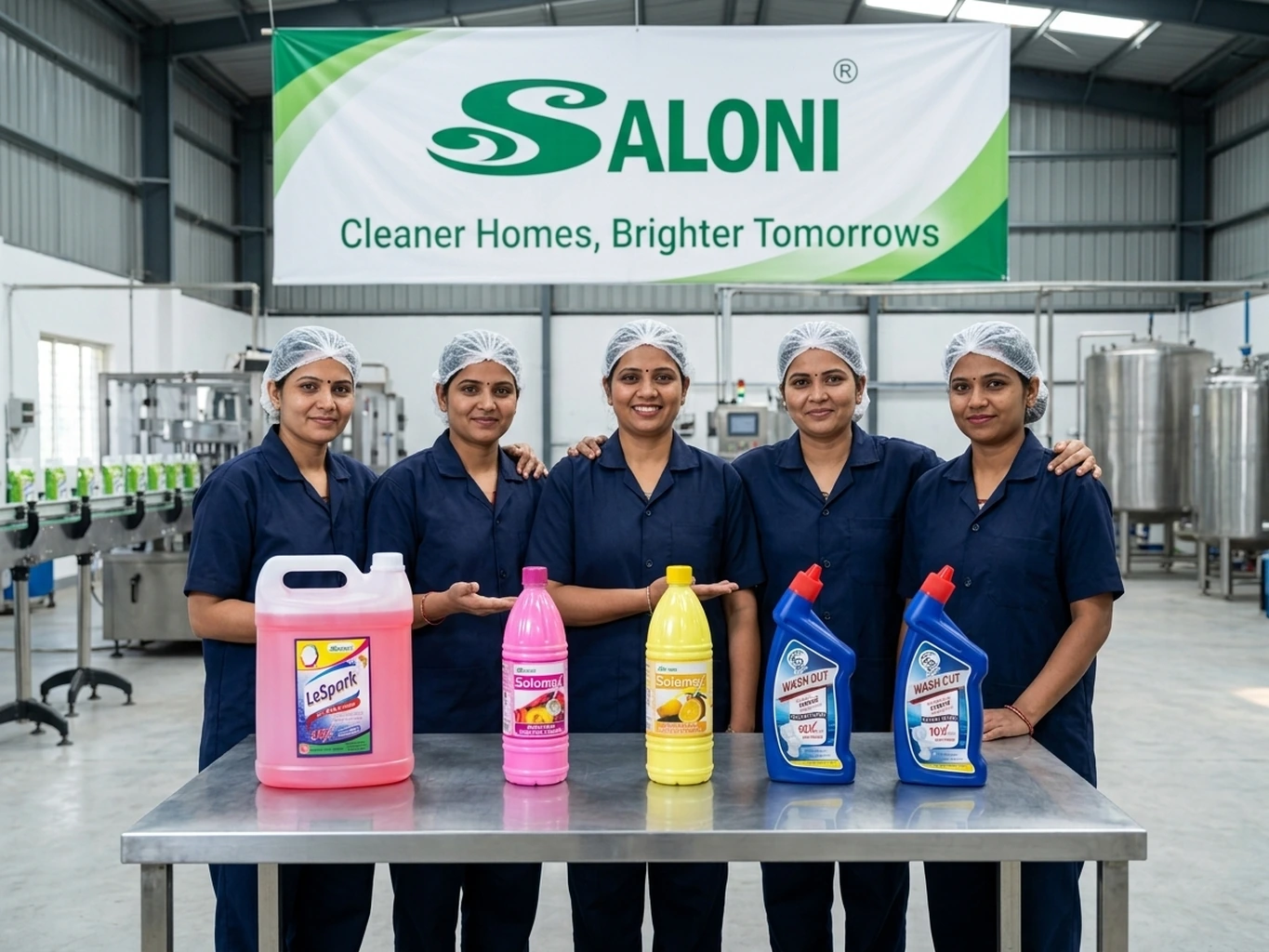 Saloni women workers standing proudly behind their full cleaning product range
